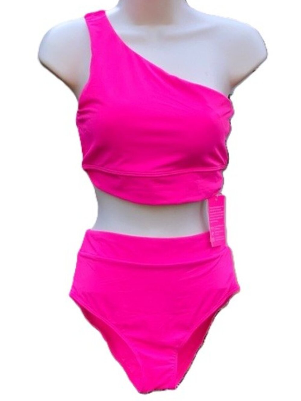 HOT PINK One Shoulder High Waisted Bikini 2 Piece Tummy Control NEW Womens Small